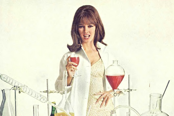 1965 

A woman in a lab coat and dress holding two wine glasses amidst laboratory apparatus.
Tags: vintage, chemist, science experiment, laboratory equipment
