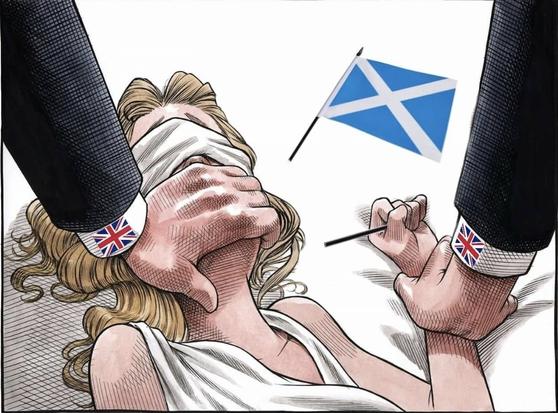 A cartoon of a blindfolded woman, representing Scotland, being held down and prevented from speaking by a man with union flag cufflinks (symbolic of the English state).