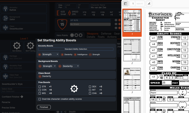 Screenshot: Nebeneinander ein offenes Fenster des Pathbuilder, in dem ich versuche, die Ability Scores einzustellen, so dass sie den Werten aus dem Fenster daneben entsprechen. Gar nicht so leicht. Da fehlen einige Punkte.
