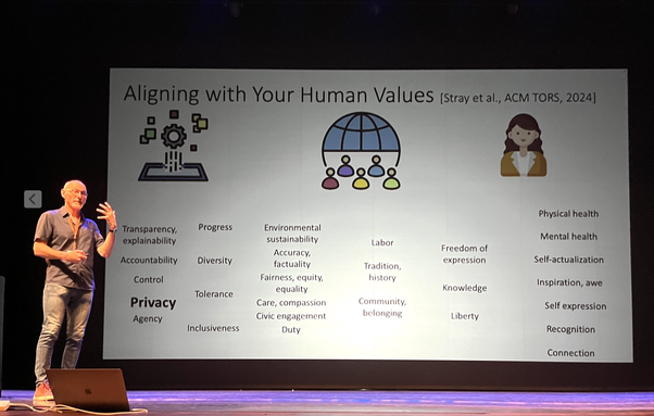 Alon Halevy presenting his keynote at Semantics 2024, standing on the big stage in front of his presentation slide, which shows "Align to your human values"