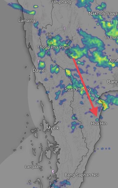 Weather radar shows scattered showers, as well as two bands of more widespread rain, moving over Hua Hin from the NNW
