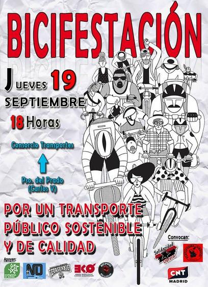 Cartel de la 
Semana europea de la movilidad
🔴Jueves #19Sept 18h.
BICIFESTACION
Por un transporte público, sostenible y de calidad
Donde se representa a muchas personas en bicicleta.