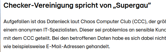 Screenshot mit Ausschnitt von einem Absatz aus dem Artikel, beginnend mit Checker-Vereinigung spricht von „Supergau”