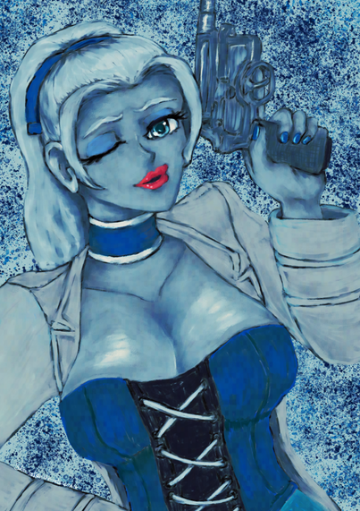 Margerete Gertrude Zelle, holding a 1910s gun in her left hand while giving an alluring wink and showing her assets off