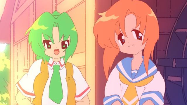 screenshot redraw from the higurashi anime; mion is talking while she and rena both look at the viewer.