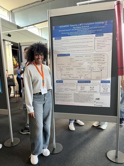 FIZ ISE Researcher Genet Asefa Gesese in front of her poster for the presentation on the NFDI4DS Ontology.
