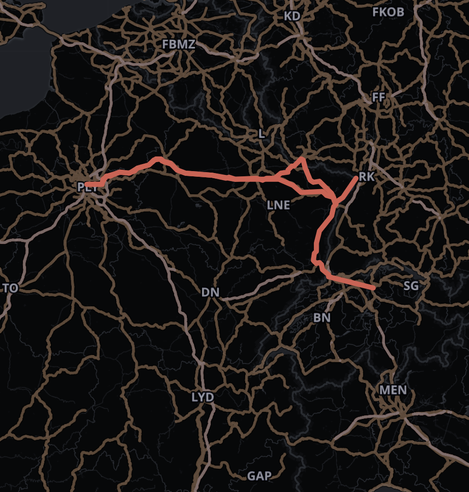 A travel route which rather looks like a web. Start in Lauterbourg, Strasbourg, Sarreguemines, Saarbrücken, Paris, Strasbourg, Basel to Zurich.