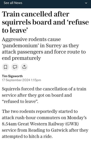 News story:  Train cancelled after squirrels board and 'refuse to leave Aggressive rodents cause 'pandemonium' in Surrey as they attack passengers and force route to end prematurely Tim Sigsworth 17 September 2024 1:15pm Squirrels forced the cancellation of a train service after they got on board and "refused to leave". The two rodents reportedly started to attack rush-hour commuters on Monday's 8.54am Great Western Railway (GWR) service from Reading to Gatwick after they attempted to hitch a ride.