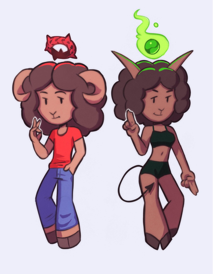 Digitally painted cell shades of Yesh and Luci from my comic Our Father. Yesh is a sheep wearing Yeshua's traditional red and blue clothing, making the iconographic sign for "IC XC", also indicating the human/God aspects of the Son of God with the two joined fingers, and the trinity with the three extended fingers. Luci is a goat in a crop top and booty shorts, making the hand signs for "as above so below" most familiarly seen on many representations of Baphomet but also associated with the biblical Lucifer.