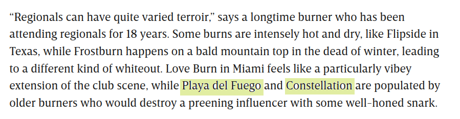 Screenshot of a paragraph from the linked Wired article. Part of this mentions Playa Del Fuego and constellation" being populated by "...older burners who would destroy a preening influencer with some well-honed snark."