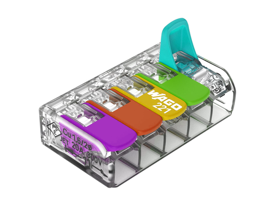 A Wago 221 5-way, modified to be more colourful. The levers are purple, orange, yellow, green and blue.