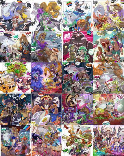 collage of 20 drawings each featuring the Deep Cut characters from splatoon 3. However they are anthropomorphisized as different species than in the game.  Shark Shiver, Eel Frye, Man Big Man.

In each image they are celebrating or arguing between three choices within various themes. Such examples include: Rock v Paper v Scissors, Power v Wisdom v Courage, and Money v Fame v Love.