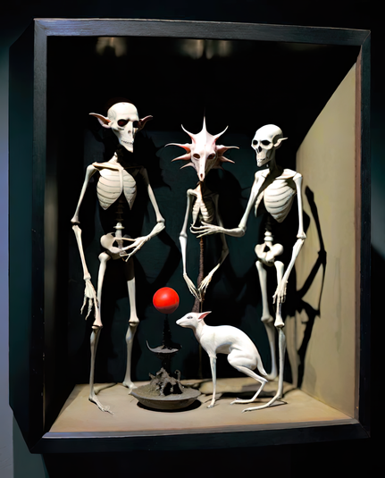 a photographic depiction of a display box containing a few somewhat skeletal humanoid figures and an animal companion in healthier condition
