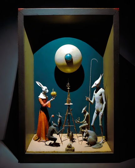 a photographic depiction of a display box featuring a tableau of humanoid figures of various sizes, with animal characteristics, engaged in construction of a delicate display stand or its oversight