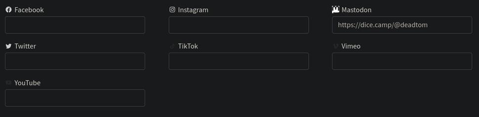 A screen shot from a social media section of a web site. All the usual names are there. Facebook, Instagram, Twitter, Tiktok, Vimeo, Youtube, and then Mastodon. :)