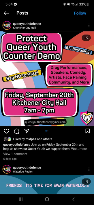 @queeryouthdefense - Protect Queer Youth Counter Demo
Say NO to Hate!
Drag Performances, Speakers, Comedy, Artists, Face Paintain, Community, and More
Friday September 20th
Kitchener City Hall 
7AM-7PM