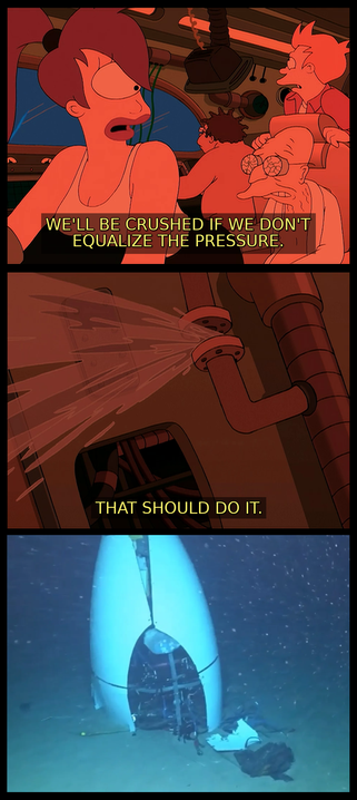 Smashup of two scenes from the Futurama episode "The Deep South" where the ship is being dragged to the bottom of the ocean.

In panel one Leela exclaims "We'll be crushed if we don't equalize the pressure"

The next scene shows a pipe bursting and water pouring into the ship. The Professor calmly states "That should fo it"

The final image is of the wreckage of the real-life Titan submersible sitting on the ocean floor.