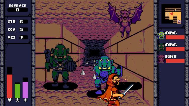 Ultima Underworld-esque 3D maze with orc monsters, a bat, and a cloaked man with a sword who appears to have taken a hit. Game HUD is displayed on left and right.