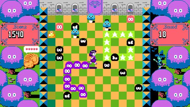 Colorful game on a grid of checkered tiles with slime-like creatures and a femme character jumping.