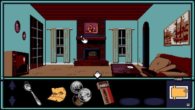 What appears to be an adventure game sort of interface showing a living room, minimap, and inventory containing a spoon, some sort of crumpled paper, spare change, and a box of matches.
