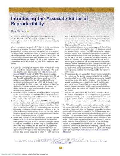 Article of Introducing the Associate Editor of Reproducibility for Advances in Archaeological Practice