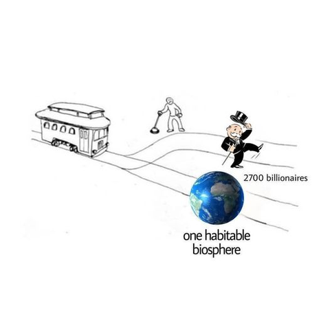 The trolley problem but with 2700 billionaires represented by the Monopoly guy and one habitable biosphere on the other, represented by a simplified 3d Earth.