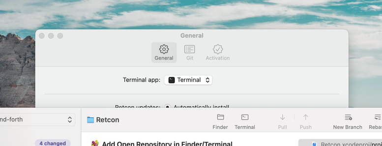 A screenshot of Retcon, the macOS app.

At the top, the settings window is visible, containing a “Terminal app” setting, currently set to Terminal, the built-in Apple app.

Below, a repository window is shown, open on the Retcon repo. In its toolbar, two new buttons are present, “Finder” and “Terminal”.