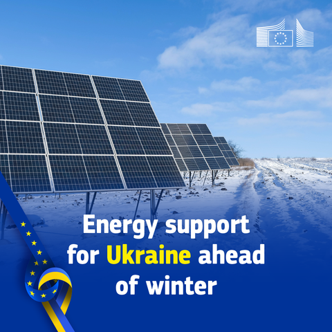 A visual with a photo of solar panels in the snow in the background. A text reads "Energy support for Ukraine ahead of winter". A ribbon with the Ukrainian and the EU flags tied together stands in the left corner.