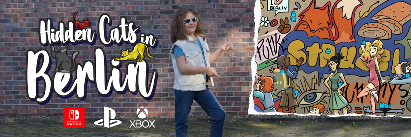 Baner reklamujący wydanie gry "Hidden Cats in Berlin" - na tle ceglanego muru widać od lewej strony: logo gry z logami platform Switch, Playstation i Xbox, wesołą, młodą dziewczynę w stroju przypominającym lata 2000, oraz bardzo kolorowe, kreskówkowe graffiti.