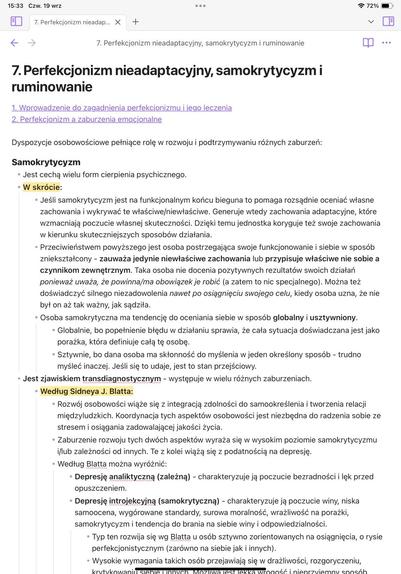 Fragment notatek z aplikacji Obsidian na temat perfekcjonizmu a dokładnie samokrytycyzmu.