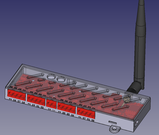 FreeCAD screenshot of the assembled top and bottom parts of the enclosure. The top-part of the enclosure is set to transparent, so the PCB model inside can be seen.