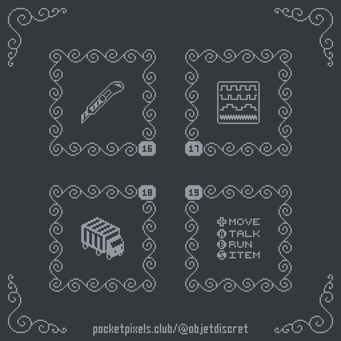 a pixel art illustration of a box cutter, a set of four waveforms on an oscilloscope, a cargo truck, and a set of controls for a video game (including D-pad to move, A to talk, B to run, and S for items)