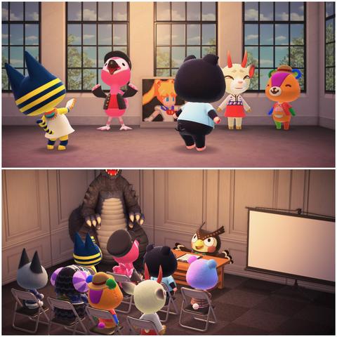 Two Animal Crossing: New Horizons screenshots stacked vertically. The upper screenshot shows a bright room with concrete flooring and white walls with big, open windows. In the room are Flora cosplaying as Jotaro Kujo, Shino cosplaying as Yamato from One Piece, and Stitches cosplaying as Luffy from One Piece. Next to Flora is a custom low panel with a pixelated image of Sailor Moon on it. To the left, Ankha is taking a photo of Flora. To the right, Agnes is just shocked at Stitches and Shino's cosplays. In the lower image, a crowd of villagers are sitting in folding chairs facing, from left to right are a kaiju statue, Blathers behind a light brown desk with papers on it, and a projector screen. It looks like Blathers is giving a talk about something.
