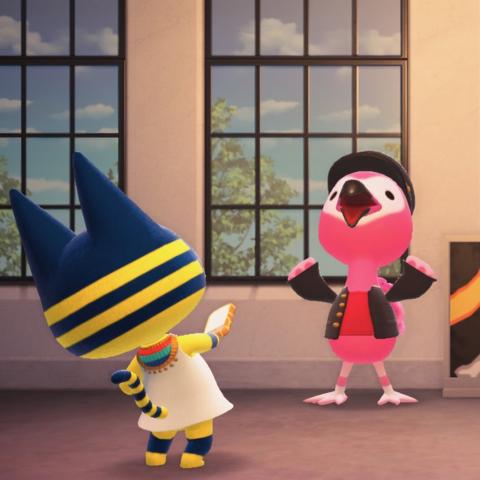 Animal Crossing: New Horizons screenshot. The screenshot is set in a shows a bright room with concrete flooring and white walls with big, open windows. In the room is Flora cosplaying as Jotaro Kujo with Ankha is taking a photo of Flora with her cell phone.