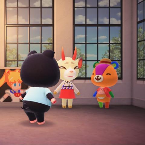 Animal Crossing: New Horizons screenshot. The screenshot is set in a shows a bright room with concrete flooring and white walls with big, open windows. In the room is Shino cosplaying as Yamato from One Piece and Stitches cosplaying as Luffy from One Piece. Agnes is looking shocked at Stitches and Shino's awesome cosplays.