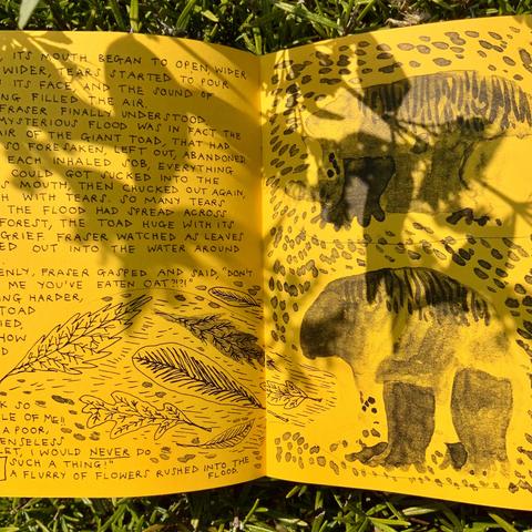 An inside page spread from the comic, with the floodtoad pouring leaves out of its mouth.