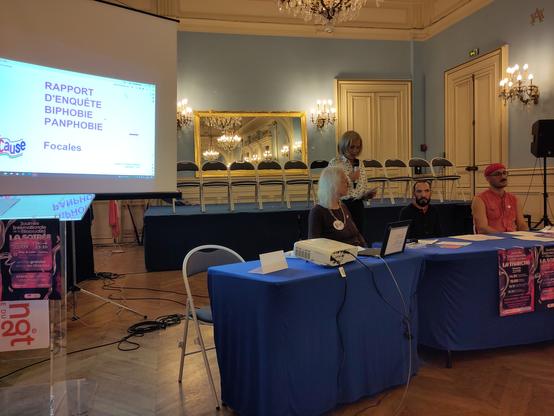 Salle des fêtes mairie , écran pour projection. 3 personnes assises, adjointe au maire debout, micro a la main