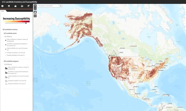 screenshot - USGS landslide susceptibility webmap