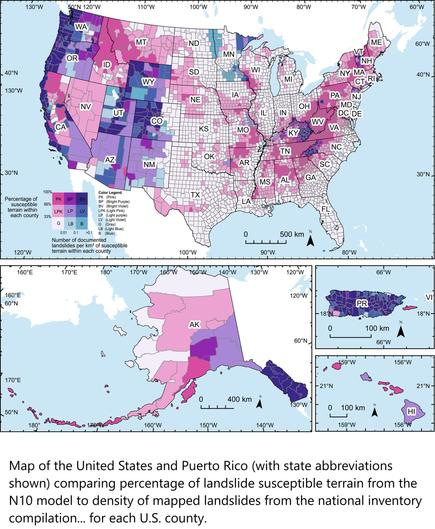 Map of the United States and Puerto Rico (with state abbreviations shown) comparing percentage of landslide susceptible terrain from the N10 model to density of mapped landslides from the national inventory compilation (Belair et al., 2022) for each U.S. county.