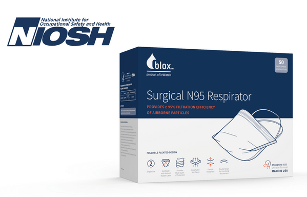 a box of Blox Surgical N95 Respirators with the NIOSH logo overlaid. on the front is an illustration of a pouch style n95 with headstraps