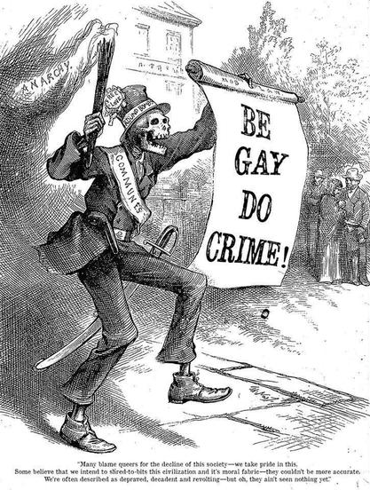 A skeleton drawn in a hatching/etching style. They are wearing a suit and top hat with a banner slung over their shoulder that reads “communes.” They are also hold a flaming torch that spells out “anarchy” in the flames in one hand and an unfurled scroll in the other that says “be gay do crime.”