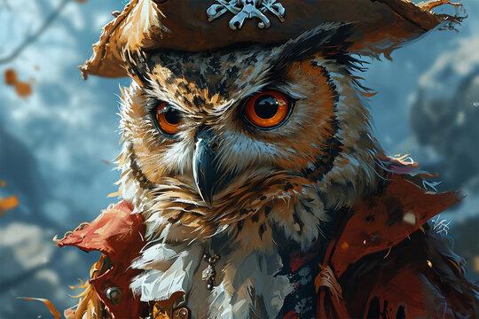 Illustration of a horned owl dressed as a pirate