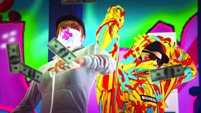 A screenshot I took in the video game GTA Online using the Rockstar Editor. It shows my female character and a crew mates make character in dollar rain.
