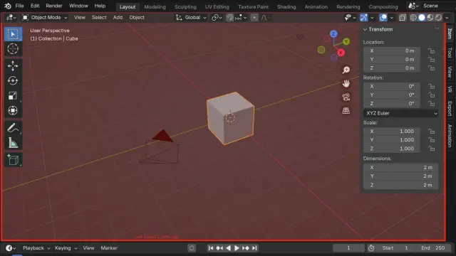 Screenshot of Blender. You Are Autosave is in panic mode, and thus shows the 3D Viewport with a red outline and red tint.
