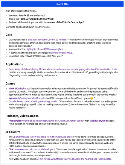 Screenshot of the JavaFX Links Of The Week as published on jfx-central.com