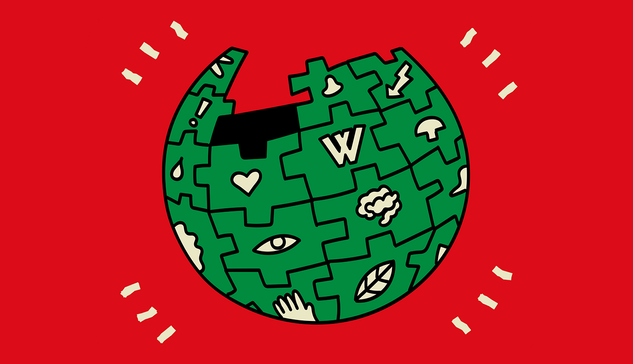 A hand drawn illustration of the Wikipedia logo shown in dark green with icons shown in a light tan colour. It is placed on a bright red background with four sets.
