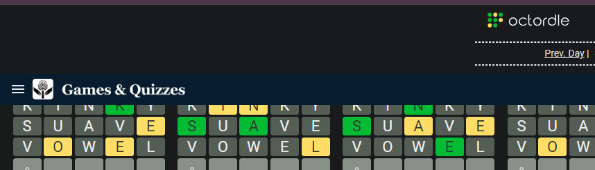 A screen capture of the top left portion of the screen on the word game Octordle. There is a dark blue menu bar below Octordle's header section which has the usual 'burger' menu icon, Britannica's thistle logo and 'Games & Quizzes'. Unfortunately, you can see that this menu bar covers up a section of the playing area below it.