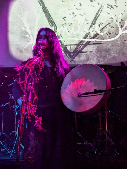 A woman is performing on stage. You can see her in the left side of the picture. She's dressing in black and has small paintings in her face, barely visible. She is holding a sort of drum with her left hand. She is behind a microphone which is decorated with flowers and branches. In the background, the name and logo is the band shines in the wall. The name is Vermilia.