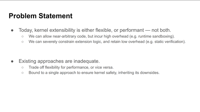Slide with the problem statement for KFlex, with current approaches having to trade-off flexibility for performance or vice versa.