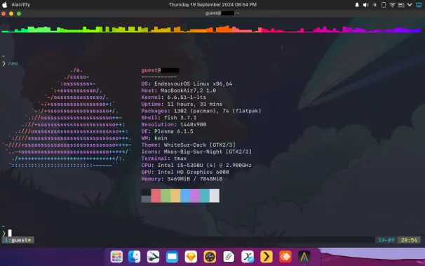Screenshot of a terminal maximised over a KDE Plasma desktop that has been themed to look rather like for like with macOS. The terminal shows the output of Neofetch, with details of the system such as its OS, device name, memory capacity, and kernel.